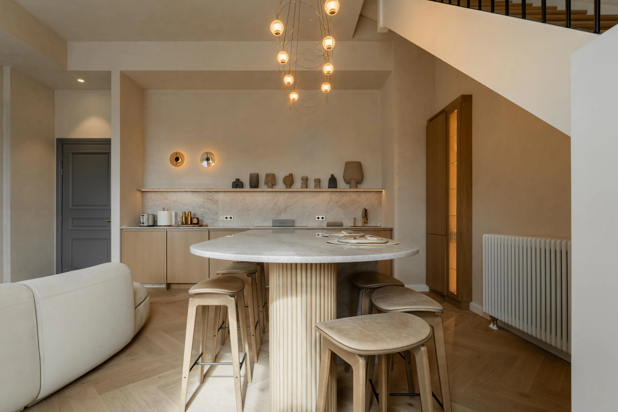 Complete bespoke dining interior with integrated cabinetry and lighting